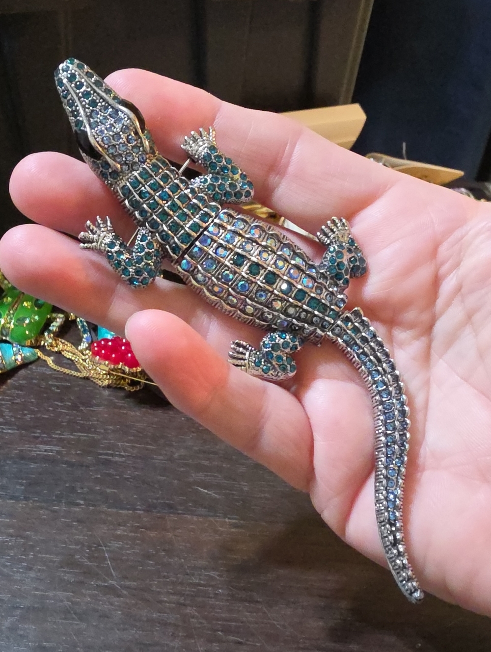 A183- Large Jointed Teal Crystal Alligator Brooch/ Pendant Combo